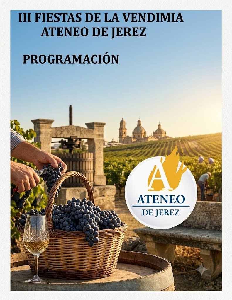 Cartel promocional de las III Fiestas de la Vendimia del Ateneo de Jerez con el logotipo oficial de la entidad.