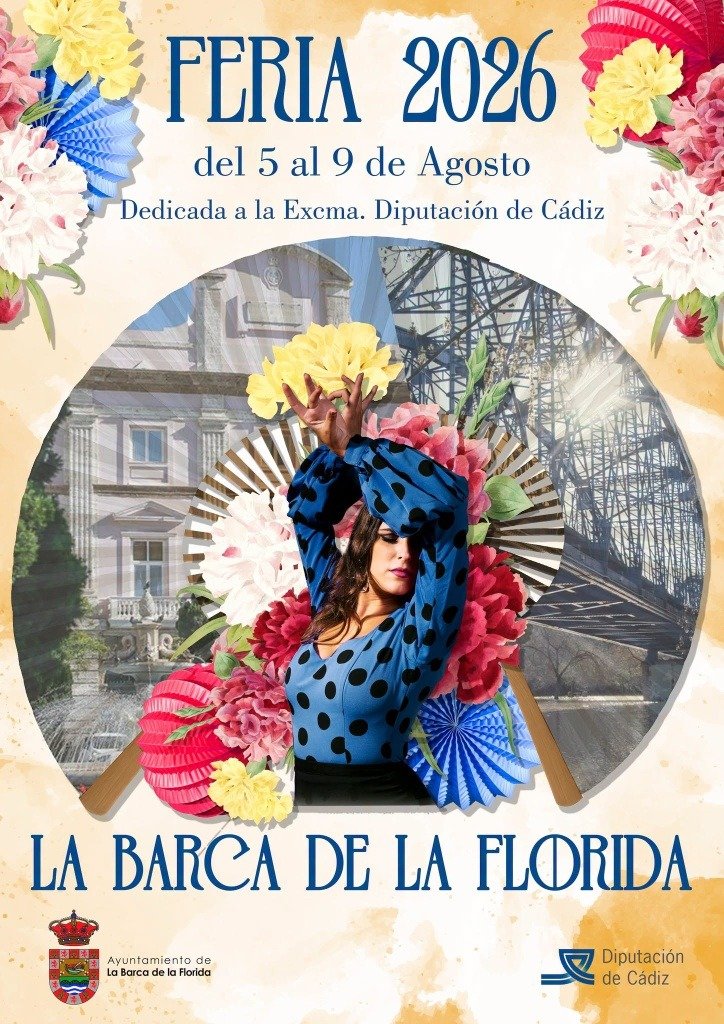 Cartel oficial de la Feria 2026 de La Barca de la Florida, con una flamenca sobre un abanico decorado con flores y monumentos