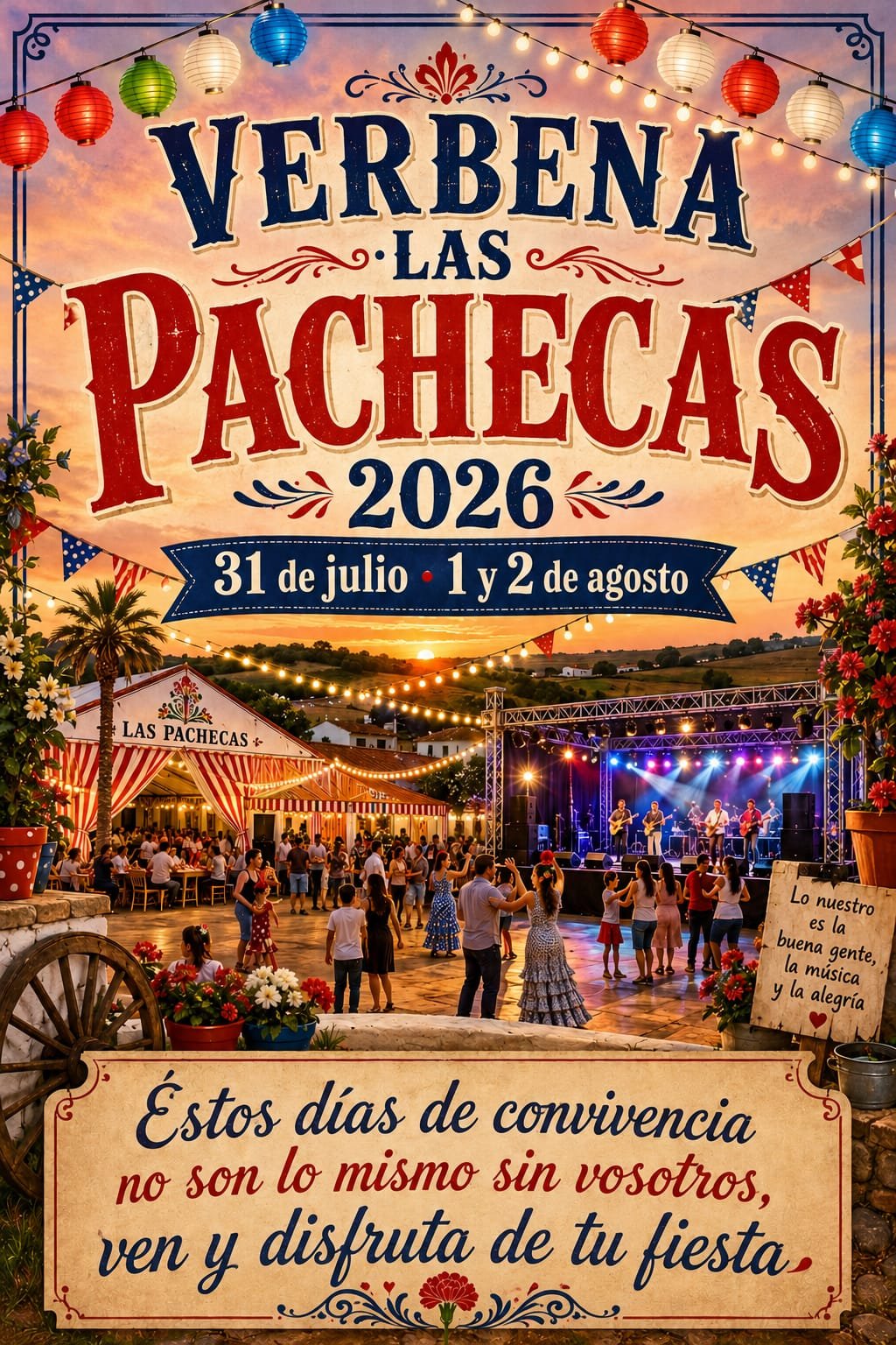 Cartel anunciador de la Verbena de Las Pachecas 2026, del 31 de julio al 2 de agosto, con ambiente festivo en la barriada rural de Jerez