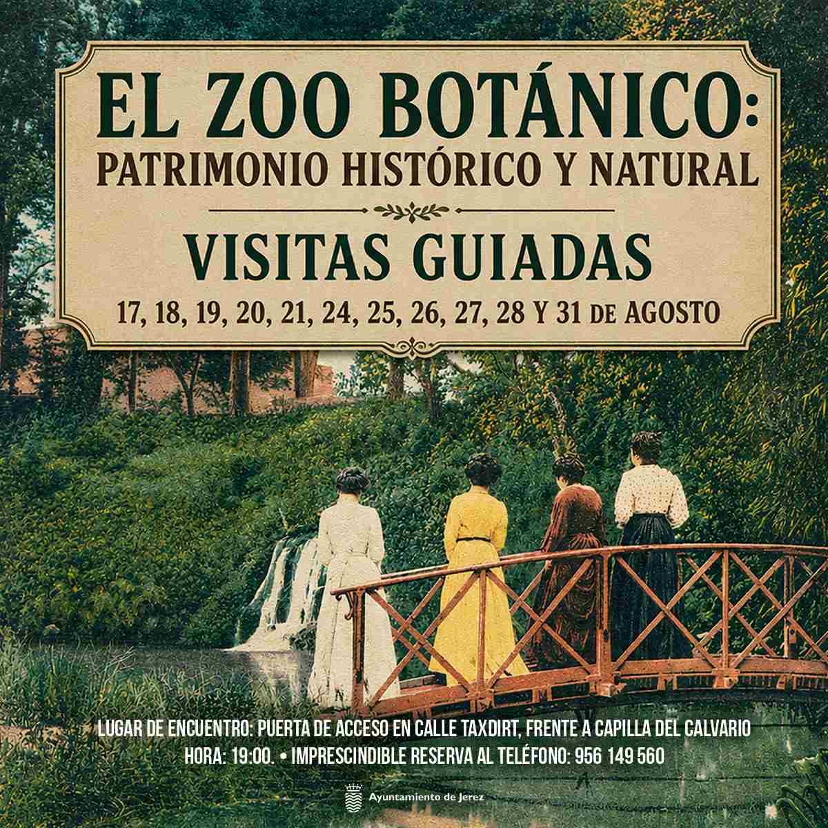Cartel promocional de las visitas guiadas en el Zoobotánico de Jerez con fechas de agosto, horario y teléfono de reserva.