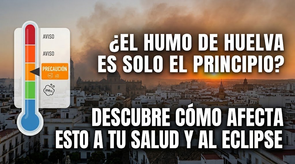 Imagen con el texto "¿POR QUÉ EL CIELO DE JEREZ SE VE ASÍ HOY? LA RESPUESTA IMPACTARÁ TUS PLANES DEL ECLIPSE". Muestra una vista panorámica de Jerez de la Frontera, con la catedral y los tejados de la ciudad bajo un cielo denso y anaranjado, cubierto de humo y calima. Un sol brumoso se asoma en el horizonte. A la izquierda, un gráfico de termómetro de calidad del aire con indicador en la zona naranja-roja, marcando "AVISO" y una caja naranja con "PRECAUCIÓN" y el símbolo de partículas PM10. El texto está superpuesto en blanco y naranja con gran contraste.