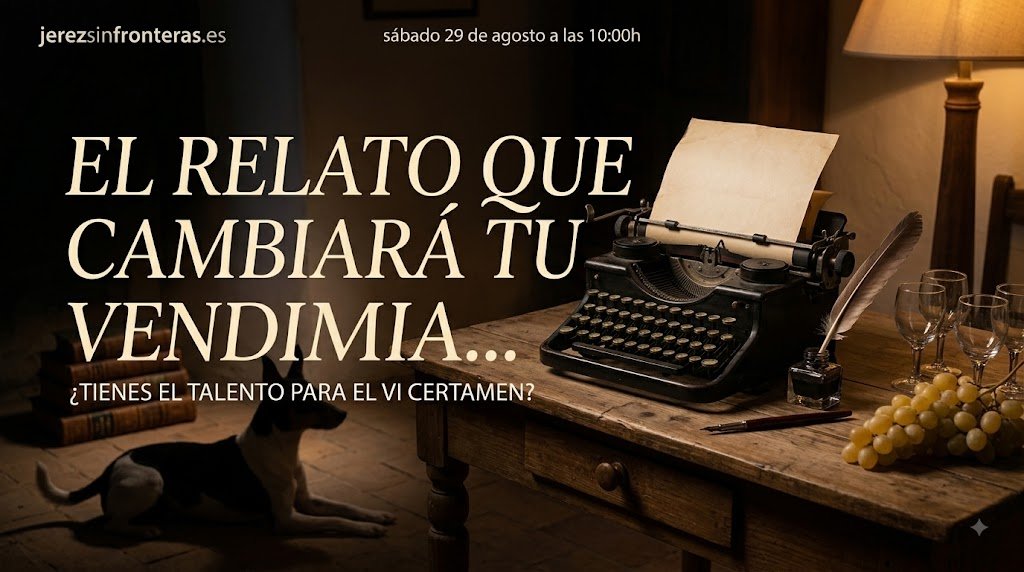 Máquina de escribir antigua de hierro negro sobre una mesa de madera rústica en una bodega, con un perro Ratonero Bodeguero Andaluz al fondo y un pergamino con un signo de interrogación.
