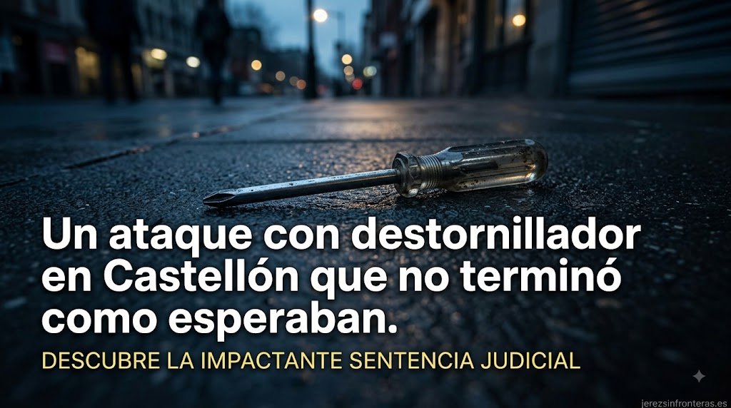 Imagen cuadrada con un primer plano enfocado de un destornillador tirado sobre el asfalto mojado y oscuro de una calle nocturna. El suelo refleja luces urbanas borrosas en tonos naranjas y púrpuras. En la parte superior, hay un titular en texto blanco y amarillo: 'UN DESTORNILLADOR, UN ATAQUE... ...Y UNA SENTENCIA QUE CAMBIA TODO. ¿QUÉ PASÓ?'. En la parte inferior central, en texto blanco pequeño, aparece la URL: 'jerezsinfronteras.es'.