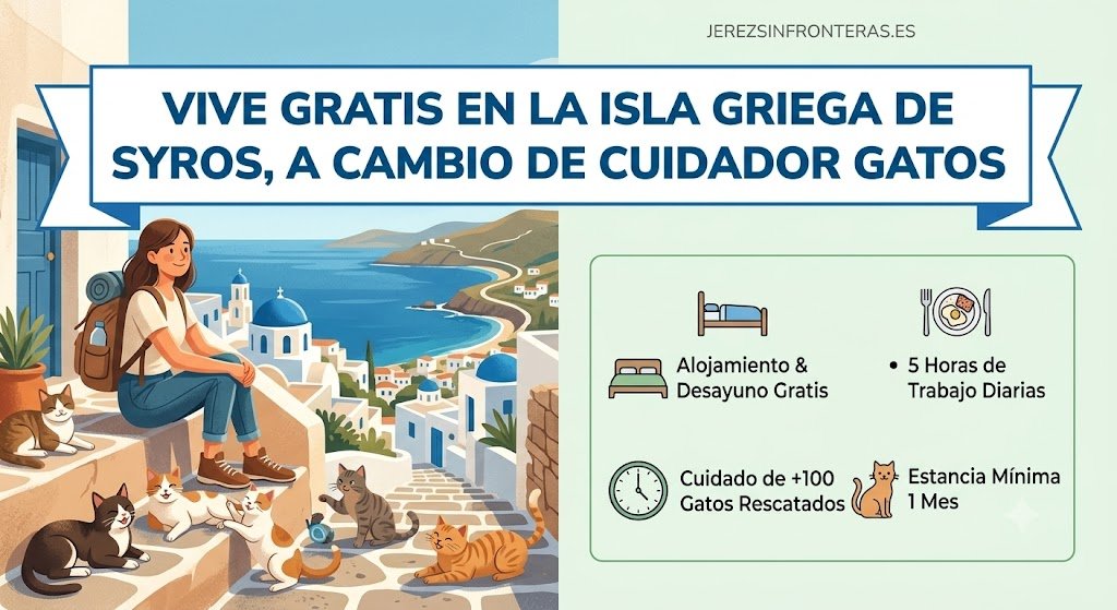 Voluntaria en un pueblo de la isla de Syros cuidando gatos rescatados con vistas al mar Egeo