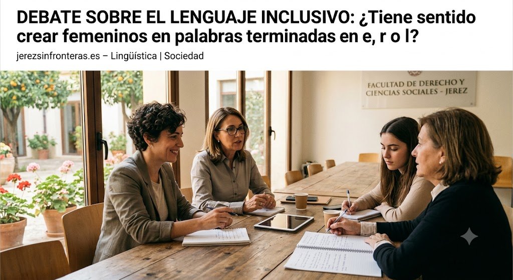 Grupo de profesionales y estudiantes debatiento en una mesa sobre la evolución de las palabras femeninas en el idioma español.