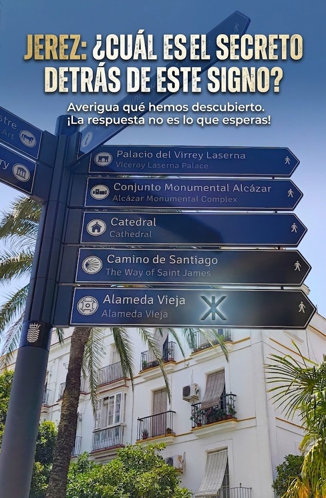 Fotografía en contrapicado de un poste de señalización turística de color negro en Jerez, bajo un cielo azul brillante. El poste tiene varias flechas direccionales azules que indican lugares de interés como la 'Oficina Municipal de Turismo', 'Palacio del Virrey Laserna', 'Conjunto Monumental Alcázar', 'Catedral', 'Camino de Santiago' y 'Alameda Vieja'. Al fondo se ve un edificio tradicional blanco con balcones y palmeras. Superpuesto en la parte superior, el titular intrigante dice: "JEREZ: ¿CUÁL ES EL SECRETO DETRÁS DE ESTE SIGNO?". Un texto más pequeño añade: "Averigua qué hemos descubierto. ¡La respuesta no es lo que esperas!". En el panel de 'Alameda Vieja' aparece un símbolo misterioso y brillante.