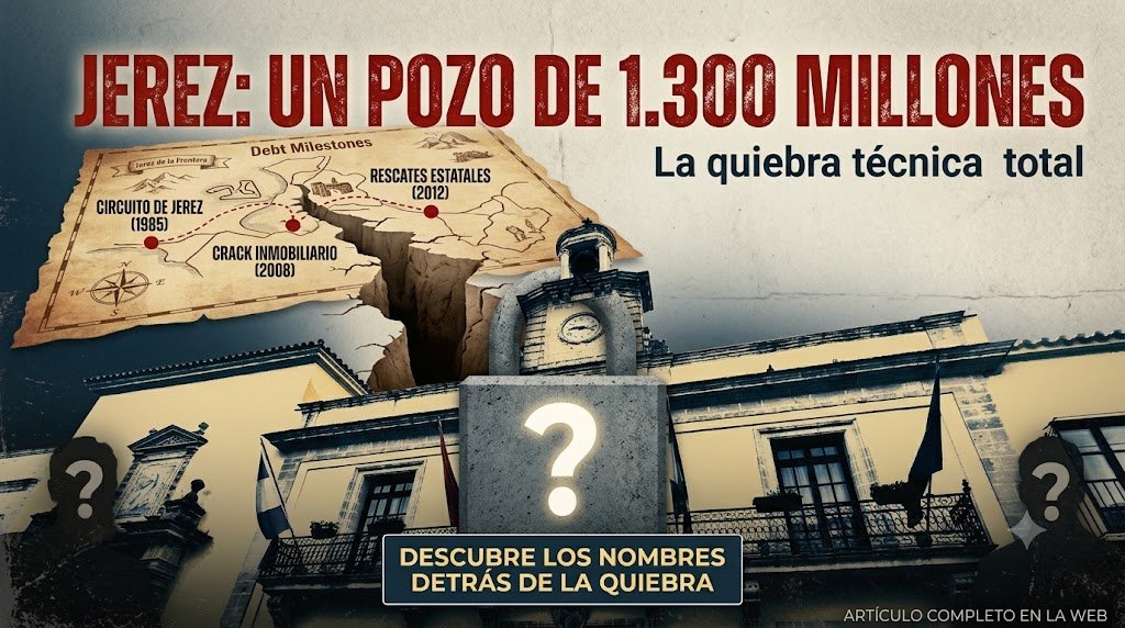 Fachada del Ayuntamiento de Jerez con infografía del pozo de deuda de 1.300 millones y siluetas con interrogantes