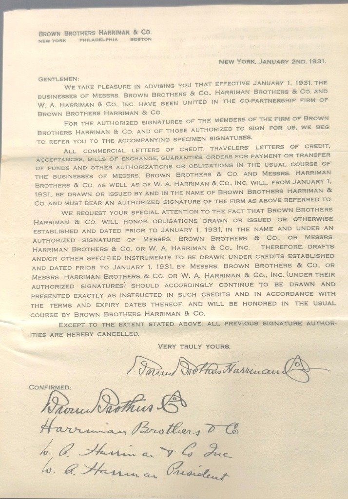 Documento original de la circular comercial de Brown Brothers Harriman & Co. emitida el 2 de enero de 1931 y conservada en el Archivo Histórico Provincial de Cádiz.