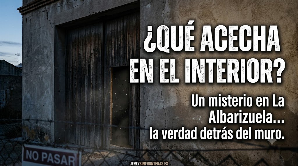 Fachada de un edificio abandonado en La Albarizuela con acceso cerrado y titular de intriga sobre el misterio en su interior.