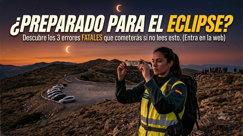 Fotografía de un paisaje de montaña al atardecer durante un eclipse solar con el titular "¿PREPARADO PARA EL ECLIPSE? Descubre los 3 errores FATALES que cometerás si no lees esto."