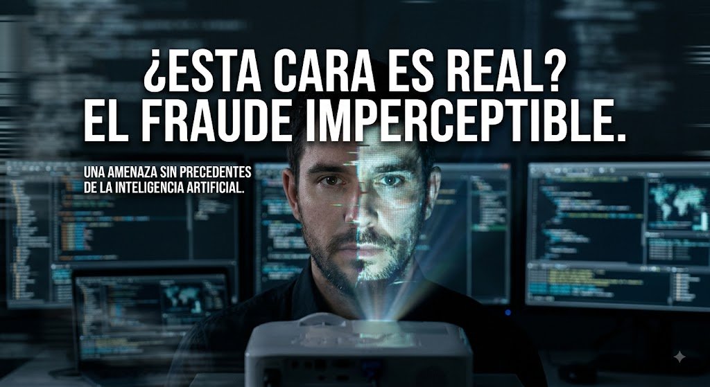 Ciberdelincuente frente a varias pantallas de ordenador en una habitación oscura utilizando inteligencia artificial y proyección holográfica para modificar su cara en tiempo real