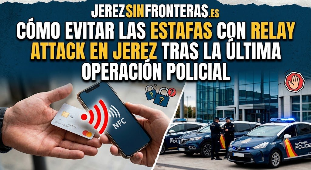 Infografía explicativa sobre la estafa con relay attack y tecnología NFC junto a agentes de la Policía Nacional en la comisaría de Jerez de la Frontera.