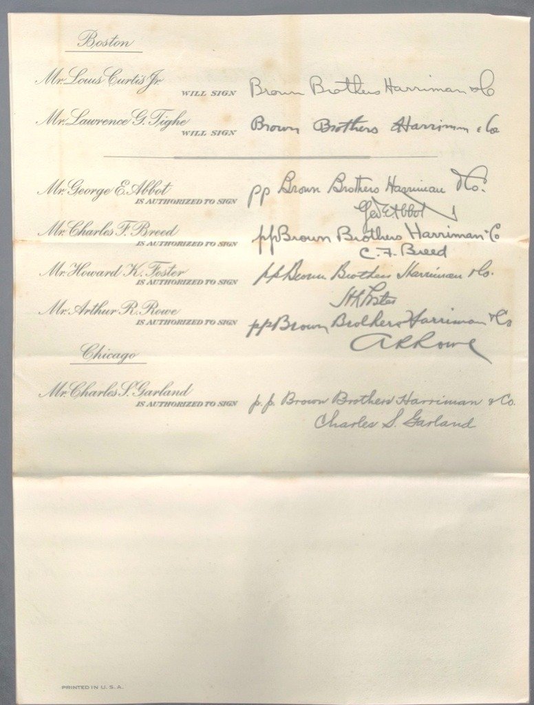 Página del pliego de Brown Brothers Harriman & Co. de 1931 con firmas autorizadas de las sedes de Boston y Chicago del Archivo Histórico Provincial de Cádiz.