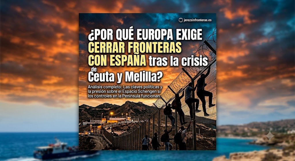 Infografía para redes sociales con el titular «¿Por qué Europa exige cerrar fronteras con España tras la crisis de Ceuta y Melilla?» sobre un fondo que muestra una valla fronteriza al atardecer y el logotipo de jerezsinfronteras.es.