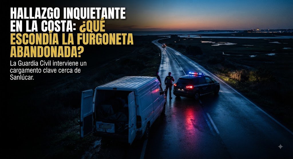 Furgoneta abandonada y patrulla de la Guardia Civil en la costa de Sanlúcar de Barrameda con luces de emergencia encendidas.