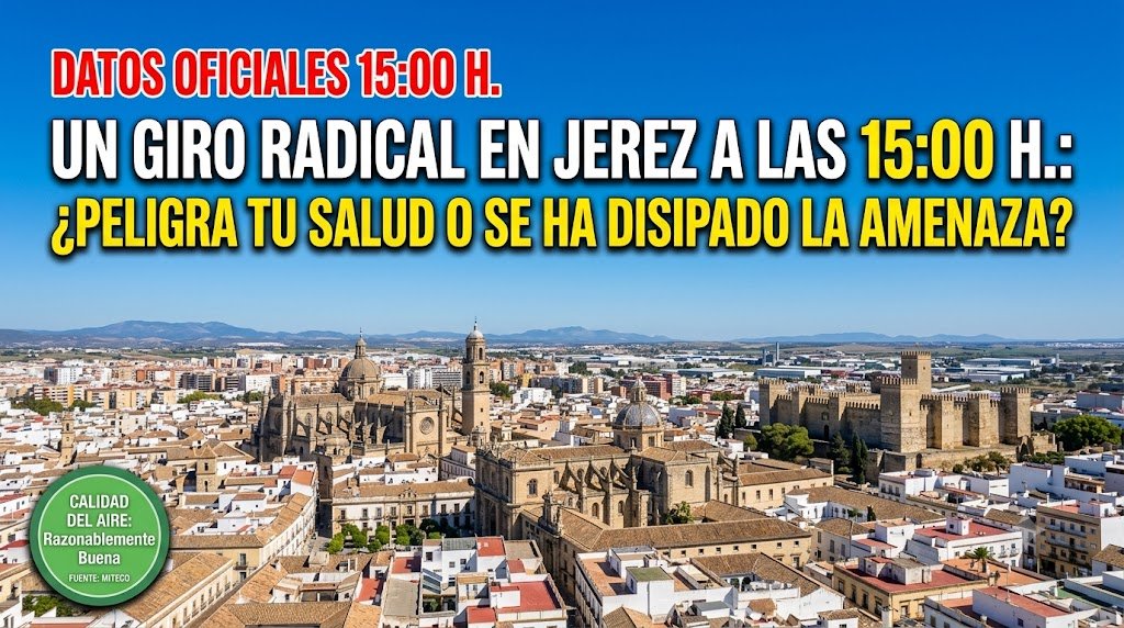 Fotografía aérea panorámica de Jerez de la Frontera con la Catedral y el Alcázar bajo un cielo azul despejado. Incluye texto sobrepuesto con el titular 'Un giro radical en Jerez a las 15:00 h.: ¿Peligra tu salud o se ha disipado la amenaza?' y una insignia en la esquina inferior izquierda que indica 'Calidad del Aire: Razonablemente Buena (Fuente: MITECO)'.