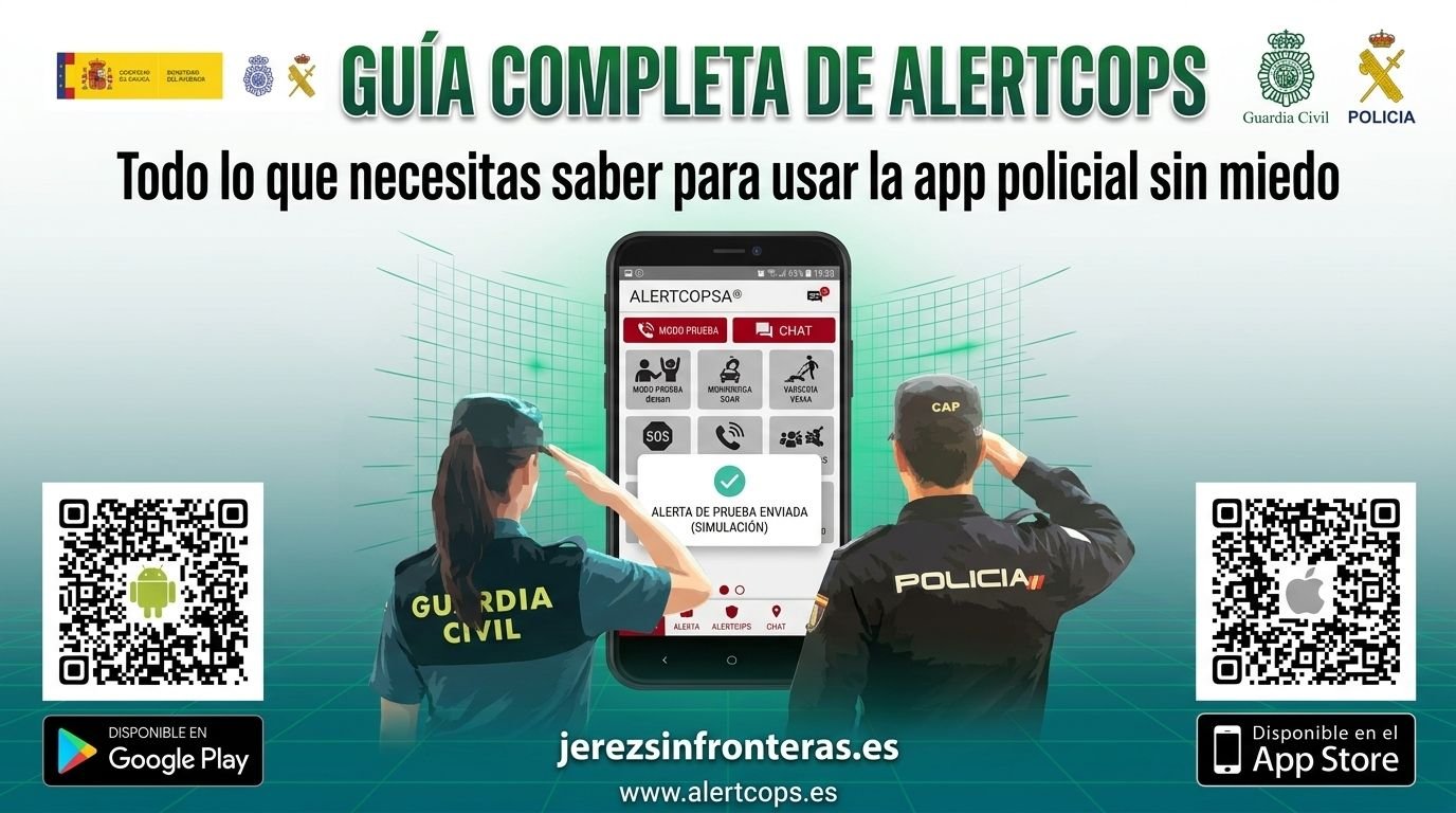 Infografía digital en formato 16:9 con el titular "GUÍA COMPLETA DE ALERTCOPS" para jerezsinfronteras.es, mostrando un smartphone con la aplicación policial sobre un fondo verde junto a agentes de la Policía Nacional y la Guardia Civil.