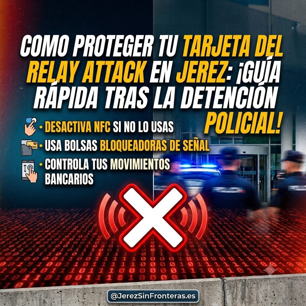 Infografía sobre la protección de tarjetas bancarias frente al relay attack y consejos de seguridad NFC tras una operación policial en Jerez.