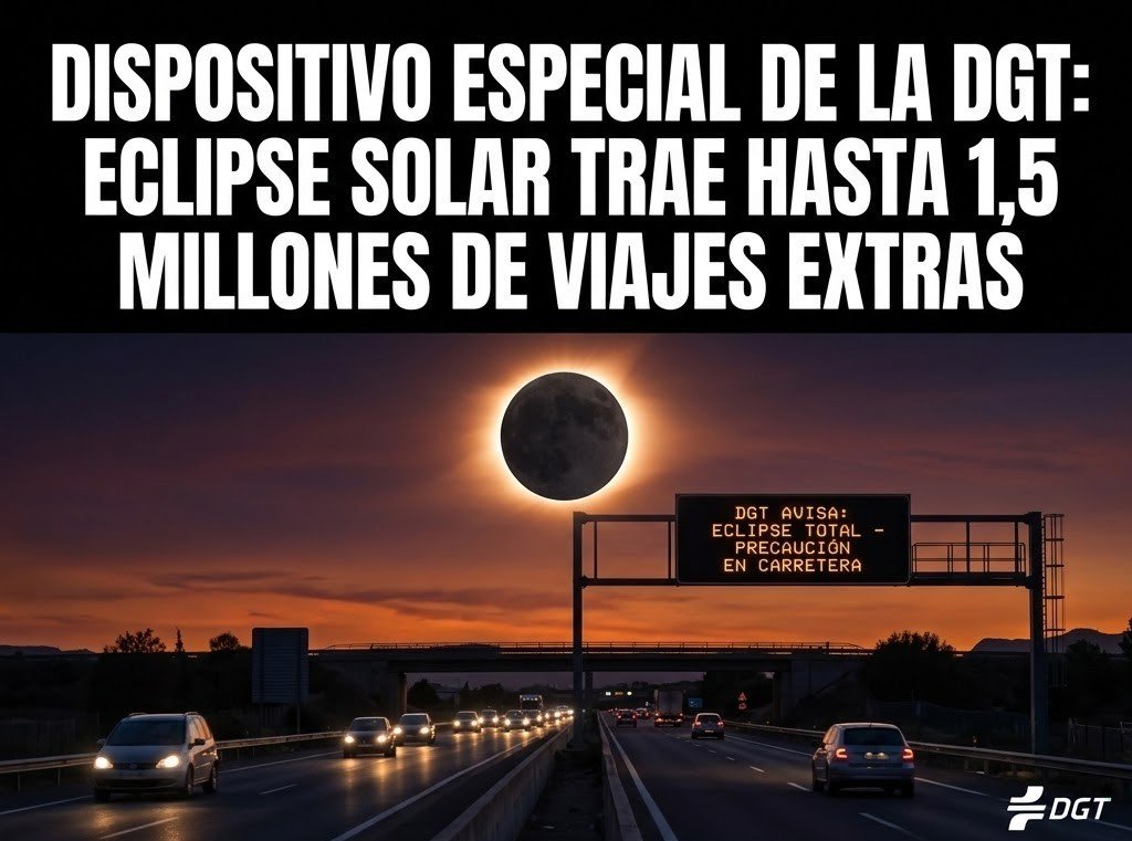 Cartel informativo sobre el dispositivo especial de la DGT para el eclipse solar de 2026 en carreteras.