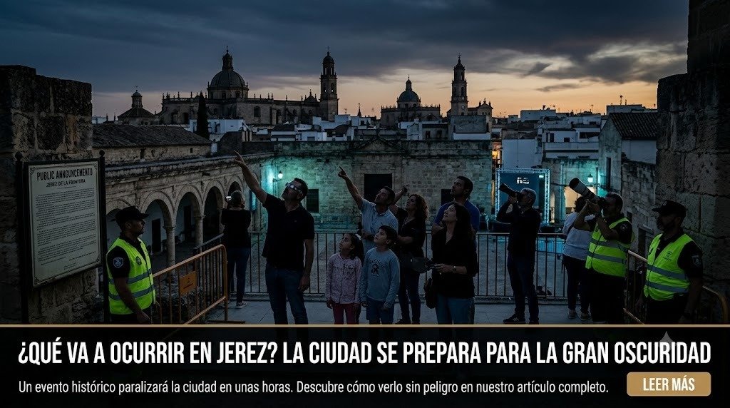 Eclipse solar Jerez: Vecinos y autoridades observan con expectación el cielo de Jerez al atardecer ante un misterioso evento astronómico inminente.