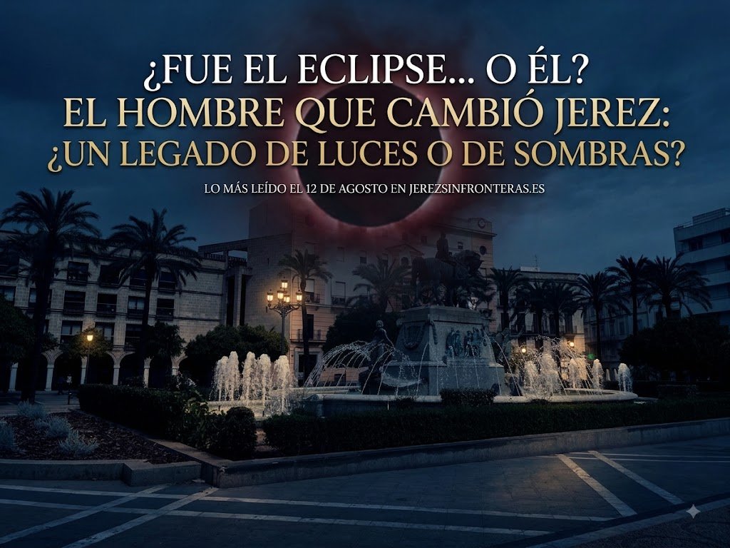 Montaje conceptual de un eclipse solar sobre la Plaza del Arenal de Jerez con un titular sobre el legado de luces y sombras de Pedro Pacheco.