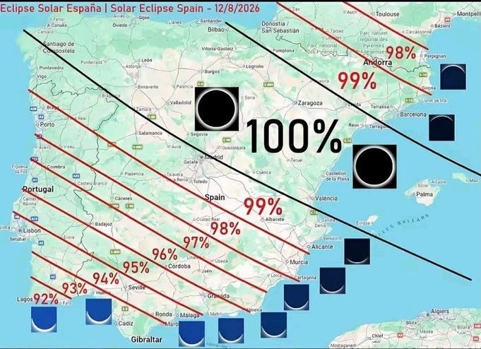 Mapa de España y Portugal con la franja de totalidad al 100% y porcentajes de visibilidad del eclipse solar del 12 de agosto de 2026.