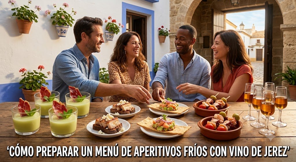 Grupo de amigos disfrutando de un menú de aperitivos fríos con vino de Jerez en un patio andaluz.