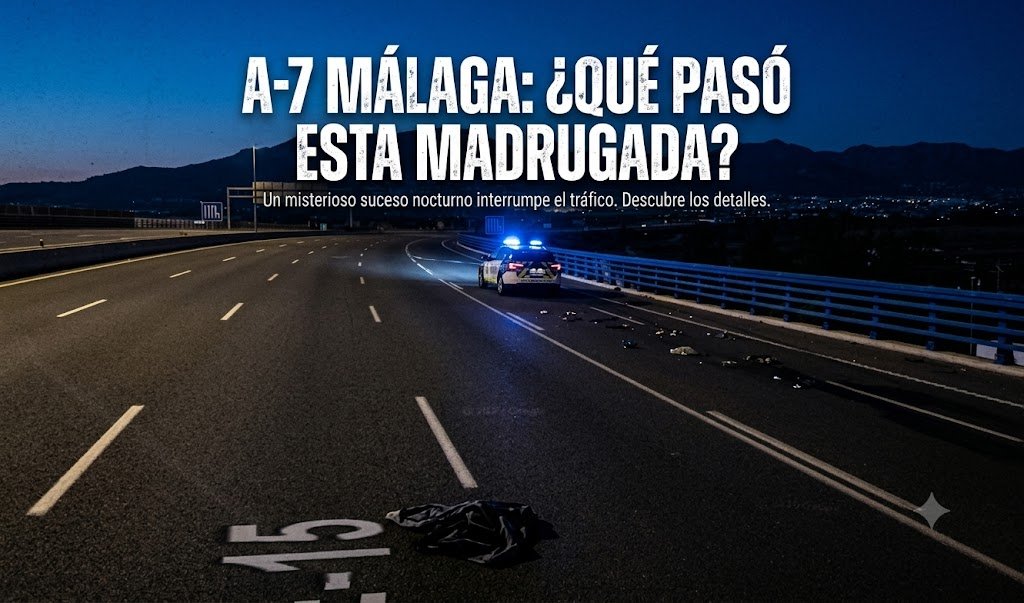 Fotografía nocturna de la autovía A-7 vacía en Málaga, con un coche de policía con luces azules en el arcén y un texto superpuesto en mayúsculas que reza "¿Qué pasó esta madrugada?", creando intriga sobre un suceso ocurrido.