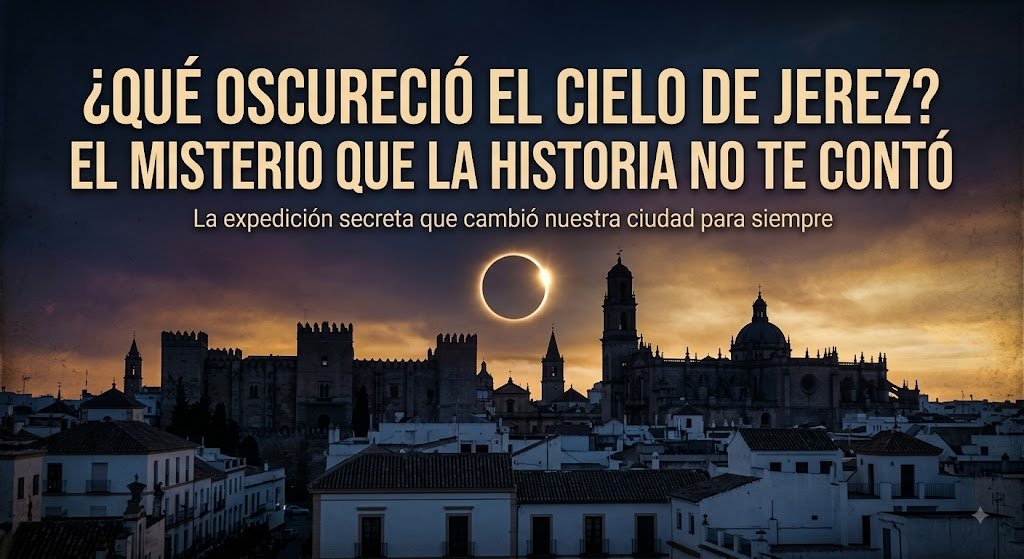 Imagen de formato cuadrado para Instagram que muestra una vista nocturna y misteriosa del cielo sobre Jerez de la Frontera durante un eclipse solar. En el cielo, un gran titular en español dice: 'EL MISTERIO QUE LA HISTORIA CÓSMICA NO EXPLICÓ EN JEREZ'. Debajo, una pregunta intrigante: '¿Qué gran expedición secreta cambió nuestra ciudad para siempre?'. El horizonte de la ciudad, incluyendo la silueta de la catedral, se ve bajo la luz inusual del eclipse, y un astrónomo solitario observa el evento con un telescopio desde una azotea. En la parte inferior, aparece el logo de perfil y la dirección web 'jerezsinfronteras.es'.
