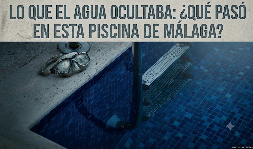 Primer plano evocador de una escalera de piscina de acero inoxidable que desciende a aguas oscuras y turbias en un cortijo de Málaga, con unas gafas de buceo abandonadas en el borde de piedra, bajo un titular intrigante sobre un suceso misterioso.