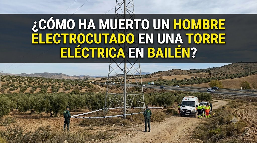 Fotografía de un paisaje rural en Bailén con una torre eléctrica, donde la Guardia Civil y una ambulancia atienden el lugar de un accidente mortal. Un rótulo superpuesto pregunta: ¿Cómo ha muerto un hombre electrocutado en una torre eléctrica en Bailén?
