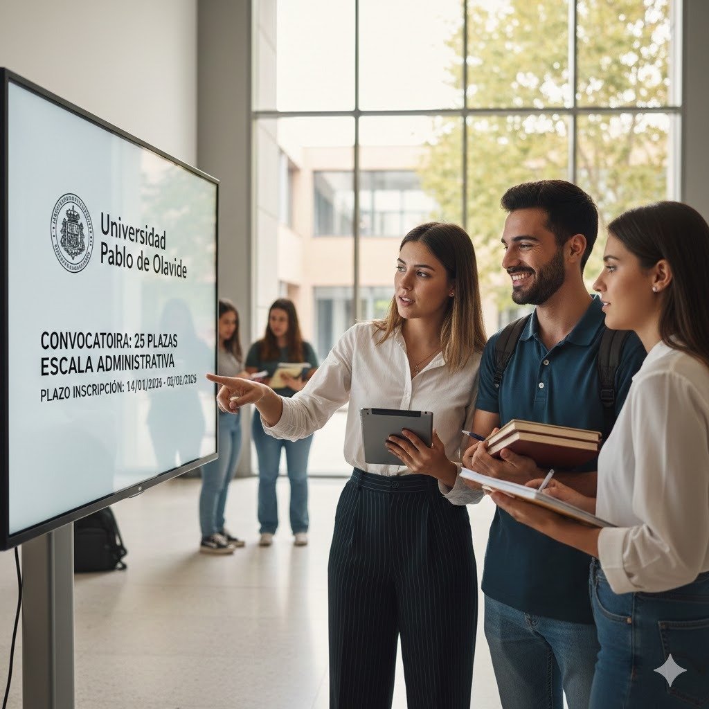 Aspirantes a las oposiciones Escala Administrativa Universidad Pablo de Olavide consultando información sobre las 25 plazas convocadas en una pantalla digital en el campus universitario de la UPO.