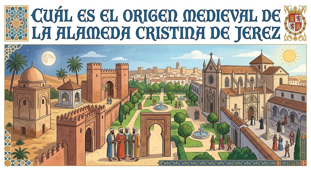 Ilustración que muestra la evolución histórica de la Alameda Cristina en Jerez. A la izquierda se representan edificaciones de origen islámico como un morabito almohade, murallas y figuras con vestimentas de la época. A la derecha se muestra la transformación cristiana con el convento de Santo Domingo, una cruz y figuras de frailes dominicos. En el centro aparece un jardín que une ambas épocas. En la parte superior, el titular en español reza: "¿CUÁL ES EL ORIGEN MEDIEVAL DE LA ALAMEDA CRISTINA DE JEREZ?". El estilo es el de una ilustración detallada.