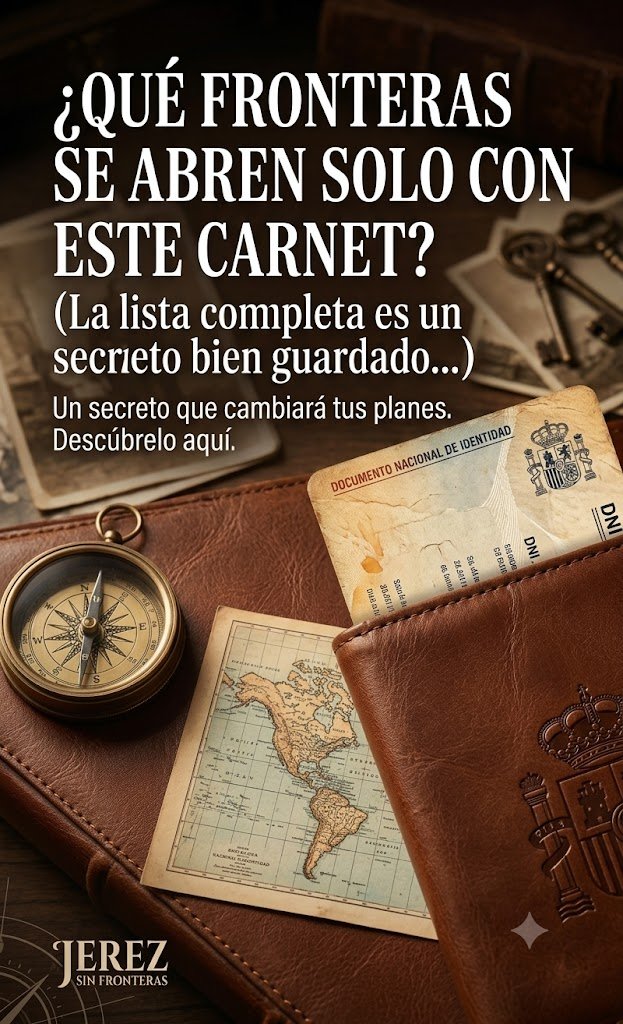 Imagen con un titular intrigante que reza: "¿QUÉ FRONTERAS SE ABREN SOLO CON ESTE CARNET? (La lista completa es un secreto bien guardado...)". Muestra un estuche de piel marrón que contiene un documento oficial parcial, con la parte superior de un DNI español visible, junto con una brújula de latón y un mapa antiguo en una mesa de madera. El logo de "Jerez sin Fronteras" aparece en la esquina inferior izquierda.