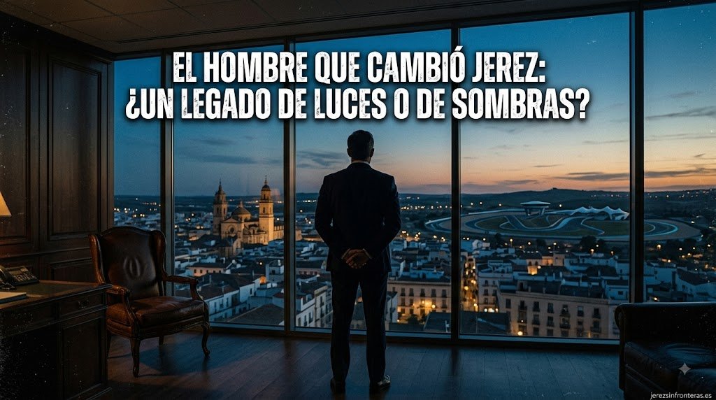 Silueta de un hombre con traje de espaldas en un despacho elegante contemplando las vistas panorámicas de Jerez de la Frontera desde un ventanal.
