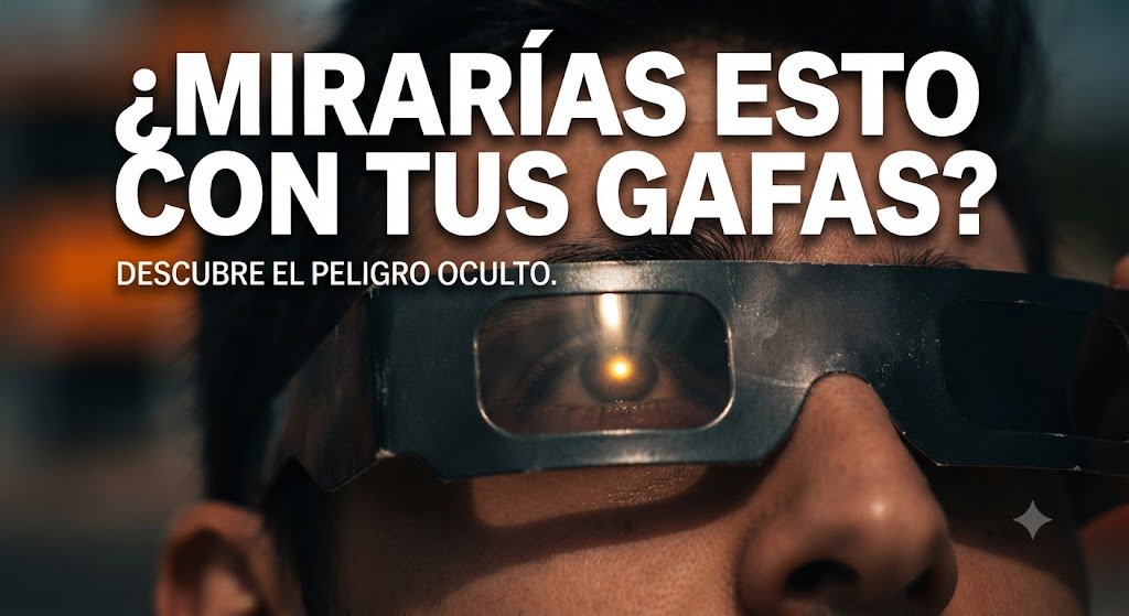 Primer plano dramático de un ojo humano mirando a través de unas gafas de eclipse solares oscuras con el reflejo de un sol brillante, acompañado por la advertencia textual en la imagen sobre el peligro oculto.