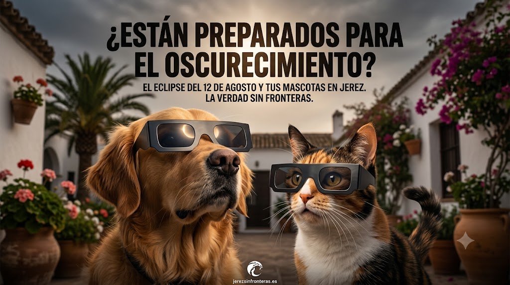 Un perro y un gato con gafas de eclipse solar miran fijamente hacia adelante en el patio de una casa típica de Jerez de la Frontera bajo un cielo que se oscurece.
