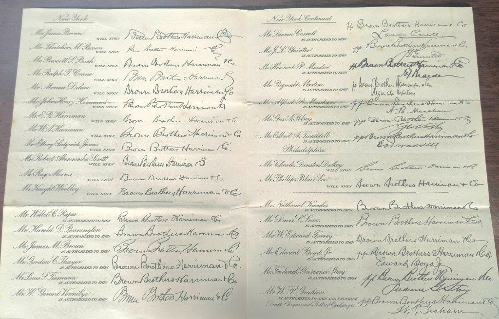 Pliego de firmas autorizadas de la entidad bancaria Brown Brothers Harriman & Co. de 1931 con la firma de Prescott S. Bush en Cádiz 1931, hallado en el Archivo Histórico Provincial de Cádiz.