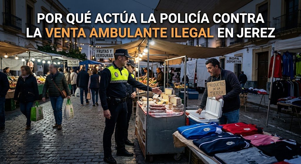 Fotografía de una intervención policial en un mercadillo callejero de Jerez de la Frontera, con el titular sobreimpreso: "¿POR QUÉ ACTÚA LA POLICÍA CONTRA LA VENTA AMBULANTE ILEGAL EN JEREZ?". En la escena, un agente local señala productos de alimentación en un puesto irregular mientras el vendedor abre una nevera portátil. En primer plano, se observa ropa deportiva apilada.