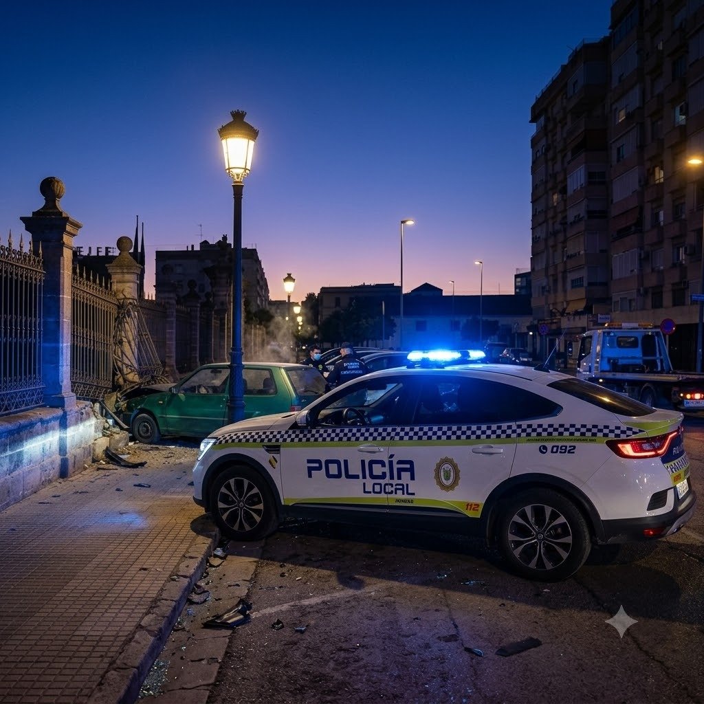Fotografía nocturna de la escena de un accidente de tráfico en Jerez de la Frontera, con la Policía Local interviniendo. Un coche de patrulla blanco y azul, con las luces de emergencia encendidas y el texto "POLICÍA LOCAL JEREZ 092", está estacionado en primer plano sobre el asfalto. Detrás, en la acera, un coche verde ha chocado contra una valla de hierro histórica de estilo mudéjar y un muro de piedra de un parque. Varios agentes de policía y otra persona están de pie cerca del vehículo accidentado bajo la luz de una farola ornamentada. El cielo de la madrugada muestra un degradado de naranja y púrpura. Al fondo, a la derecha, se ven edificios de apartamentos residenciales y un camión de remolque estacionado más lejos.