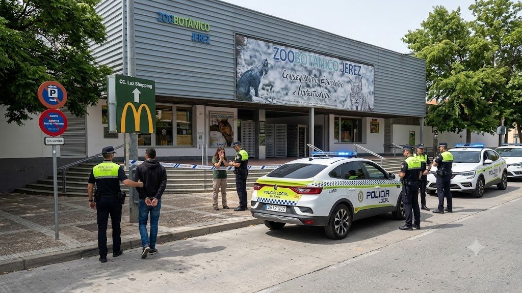 Varios agentes de la Policía Local de Jerez están de pie fuera de la entrada del Zoobotánico Jerez. Un agente tiene las manos de un hombre esposadas a la espalda mientras otro agente toma una declaración de una mujer cerca. Varios coches de policía están estacionados en la calle. Un cartel grande del Zoobotánico Jerez es visible en el edificio.