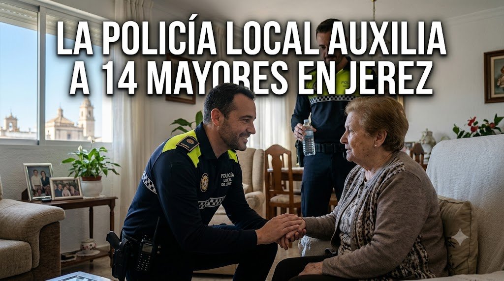Agente de la Policía Local de Jerez atendiendo a una persona mayor en su domicilio tras recibir una llamada de auxilio.