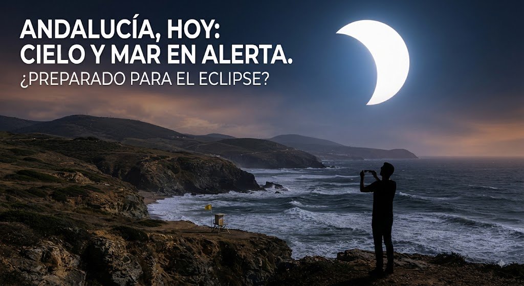 Vista costera de un eclipse solar parcial sobre el Atlántico en Andalucía con fuerte oleaje y bandera amarilla.