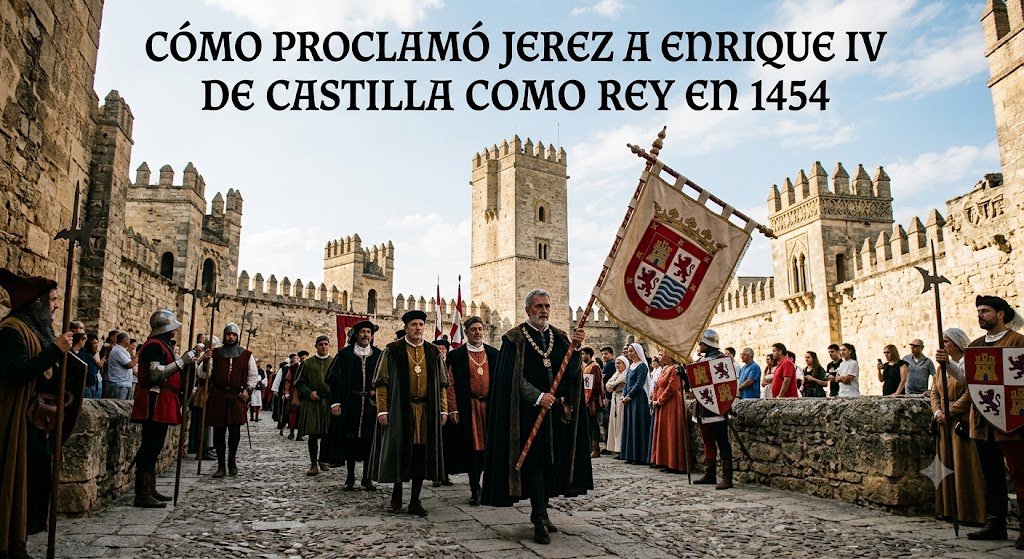 Recreación histórica en el Alcázar de Jerez con autoridades medievales portando el pendón de la ciudad para proclamar a Enrique IV.