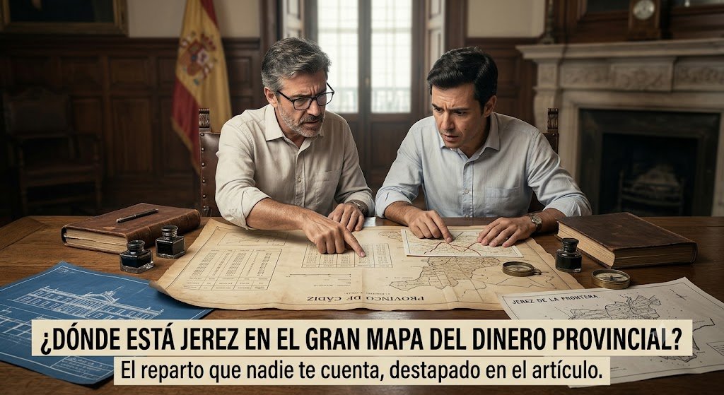 Dos analistas políticos en un despacho examinando un mapa presupuestario de la provincia de Cádiz y documentos sobre Jerez de la Frontera.