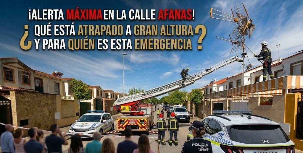 Fotografía de una operación de rescate de emergencia en la calle Afanas de Jerez, donde se ve a bomberos en lo alto de una autoescala y a agentes de la Policía Local de Jerez regulando la situación junto a varios vehículos policiales y una multitud de vecinos observando.