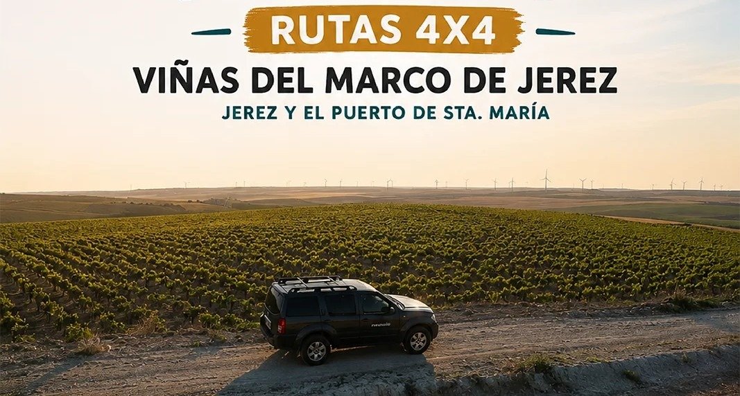 Cartel promocional de "RUTAS 4X4 VIÑAS DEL MARCO DE JEREZ" sobre una vista panorámica de un viñedo con un vehículo todoterreno negro en primer plano al atardecer, y molinos de viento al fondo. El texto incluye "JEREZ Y EL PUERTO DE STA. MARÍA".