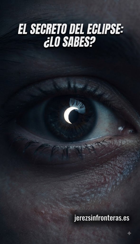 Primer plano dramático de un ojo humano con la nítida reflexión de un eclipse solar parcial en la pupila, bajo el titular de intriga "¿El secreto del eclipse? ¿Lo sabes?".