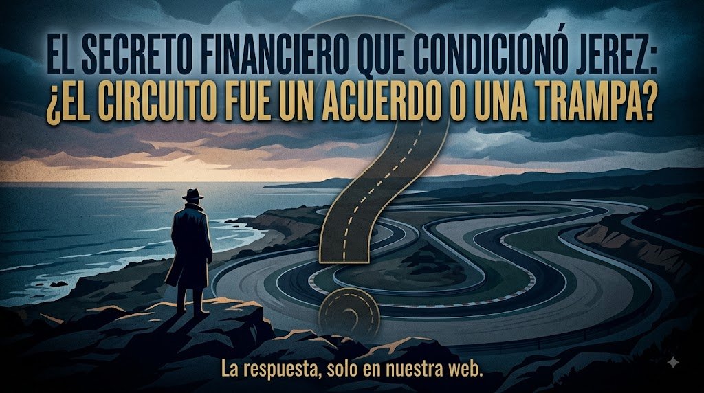 Ilustración de suspense con una figura observando el trazado del Circuito de Jerez que dibuja un signo de interrogación.