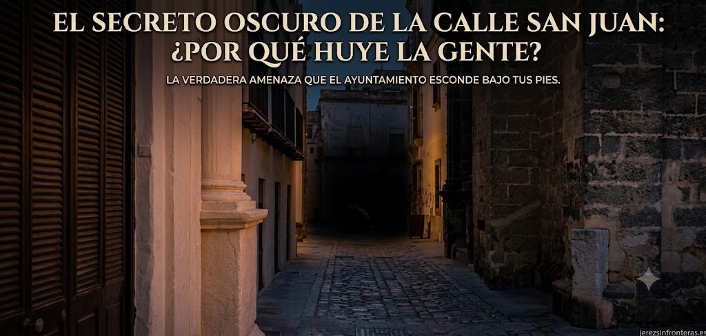 Fotografía nocturna en contrapicado de la calle San Juan en Jerez, con edificios antiguos de piedra y persianas de madera. Al final de la calle adoquinada, en la oscuridad, se percibe una presencia animal borrosa. En la parte superior hay un titular integrado que reza: 'EL SECRETO OSCURO DE LA CALLE SAN JUAN: ¿POR QUÉ HUYE LA GENTE?' con un subtítulo más pequeño: 'LA VERDADERA AMENAZA QUE EL AYUNTAMIENTO ESCONDE BAJO TUS PIES.'